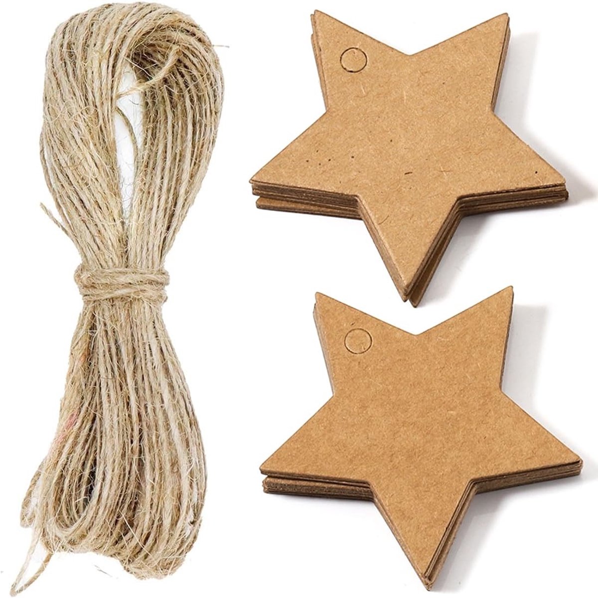 Dailygoods- Cadeaulabels 100 stuks - Stervormige Hangers - Kraftpapier Etiketten - Jute Koord - Herbruikbaar - 6 cm x 6 cm - Geschenkaanhangers