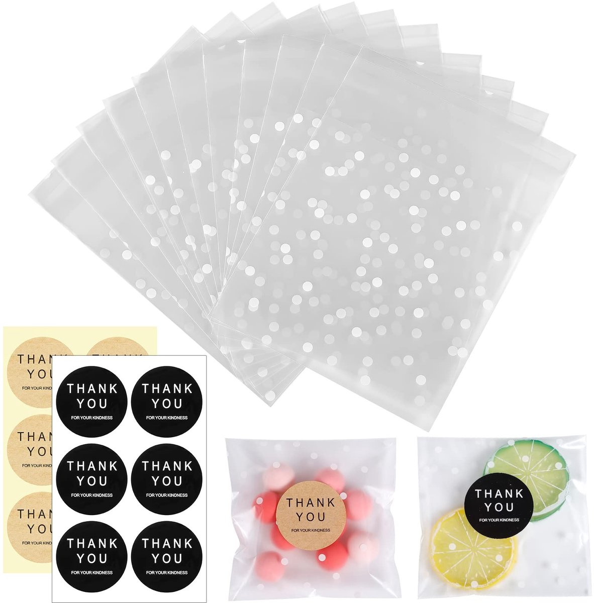 Dailygoods- Cellofaan Zakjes Transparant met Witte Stippen - 100 Stuks - Zelfklevend - 10x13 cm - Snoepzakjes - Geschikt voor Feesten