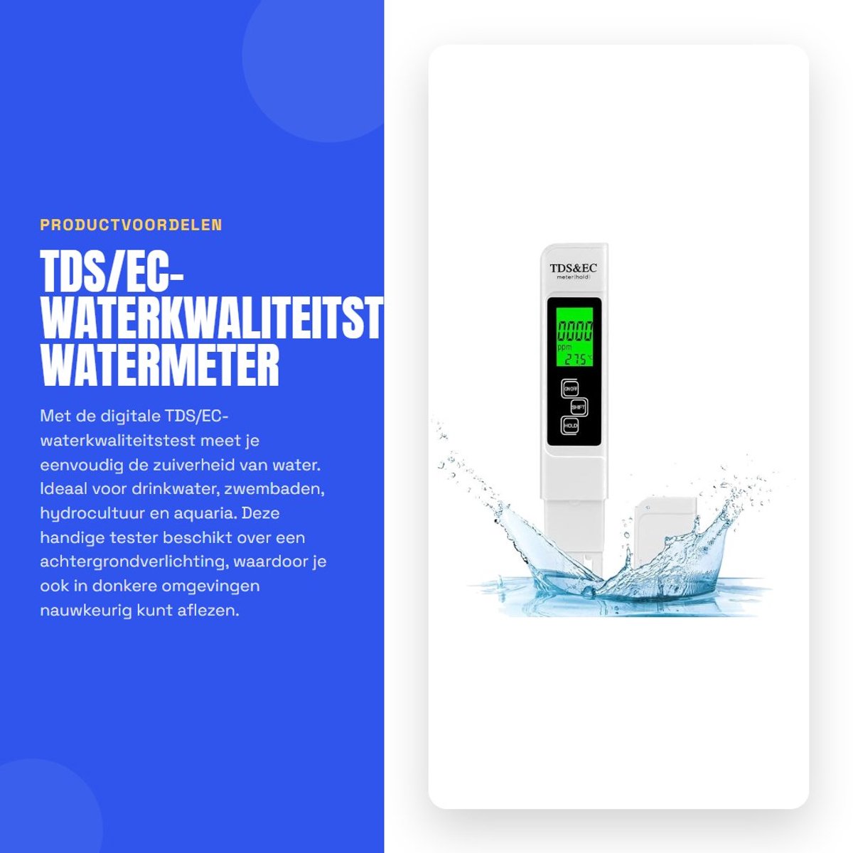 Dailygoods - TDS/EC-waterkwaliteitstest - Watermeter - Achtergrondverlichting - Handzaam formaat - Drinkwater - Geschikt voor zwembad en aquarium