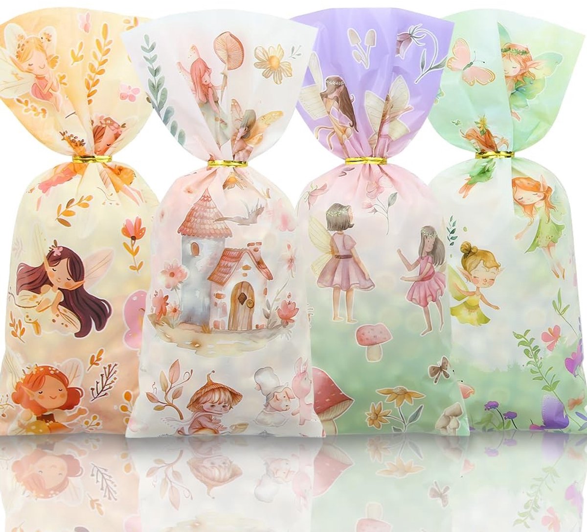 Dailygoods- Traktatiezakken 50 stuks - Goodiebag - Geschenktas - Cellofaan - Feestzakken - 4 stijlen bloemen/feeënmotieven - 12,5 x 27,5 cm - Goodiebags