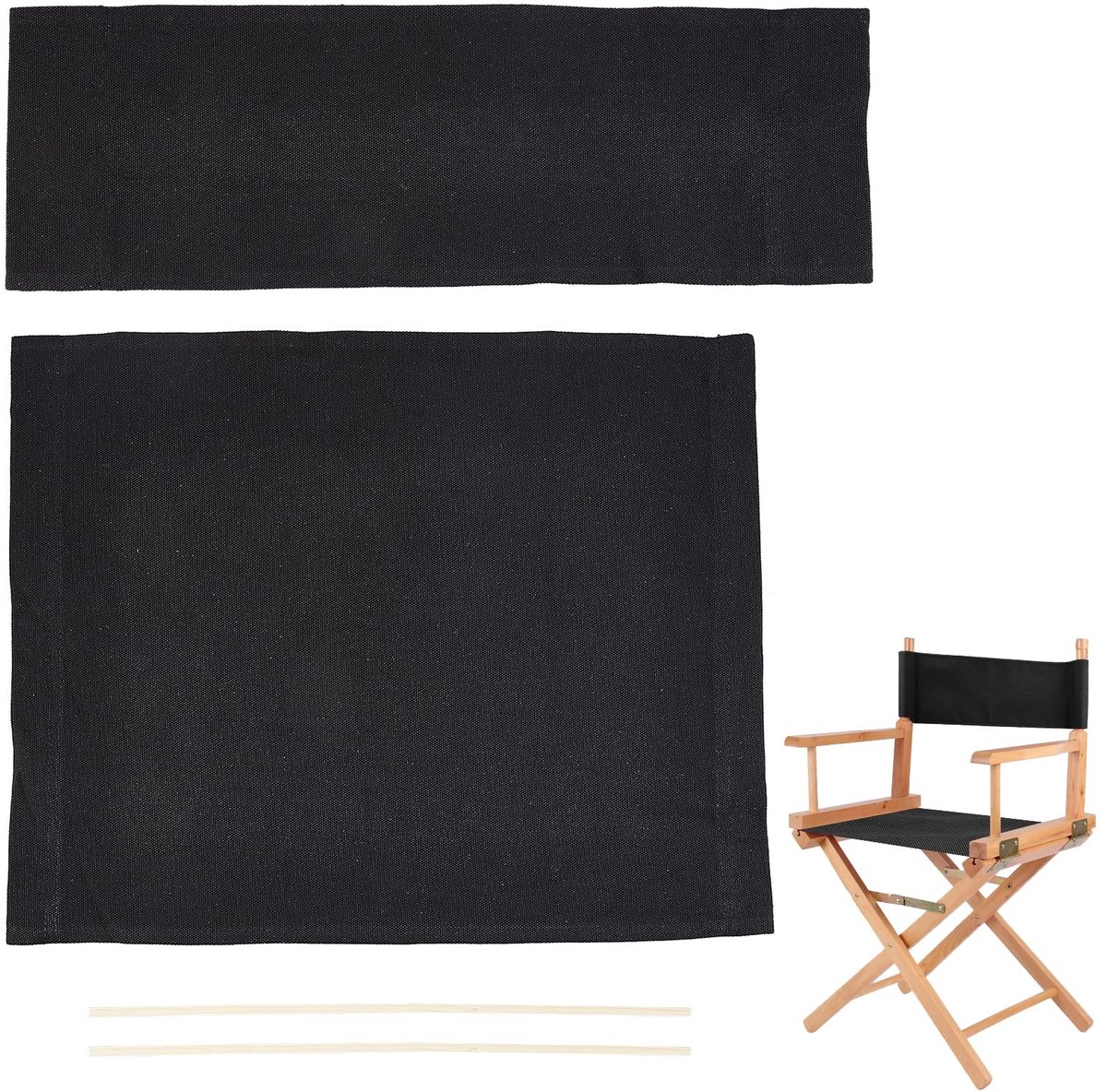 Dailygoods- Stoelcover Zwart - Vervangingsset - Canvas Zitting/Rug - Voor Directeur/Make-up Stoel - Inclusief Houten Stokken - Maat 47,5x38,5/52x17cm - Directorsstoel