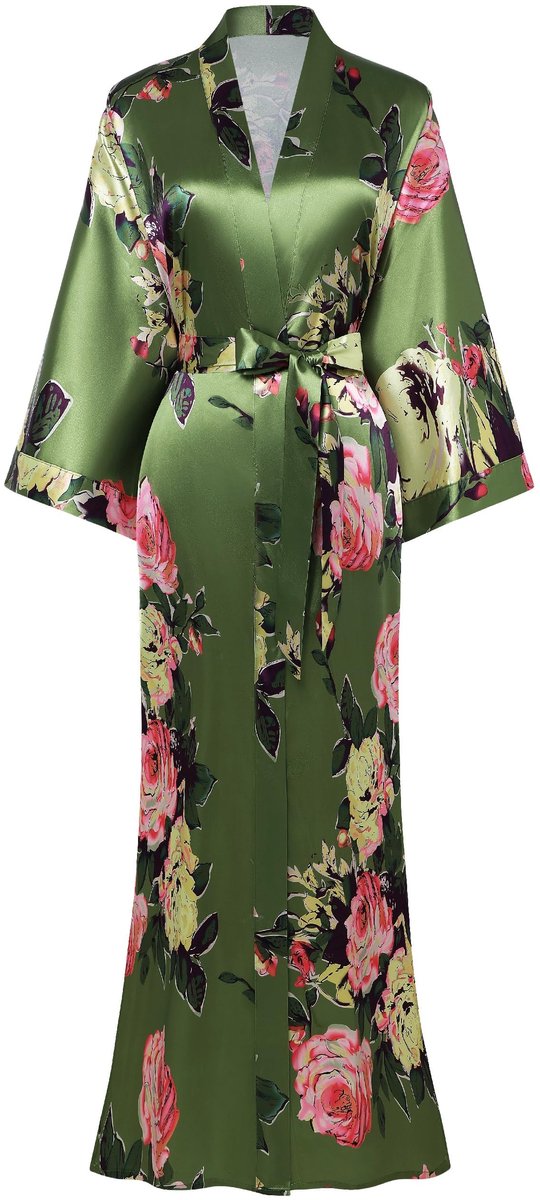 Dailygoods - Ochtendjas - Maxi lange kimono - Bloemenpatroon - Groen - Badjas dames - Perfect voor pyjama party - One size