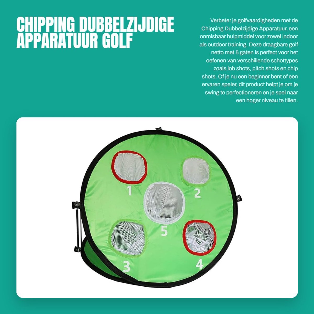 Dailygoods- Golfnetto Dubbelzijdig 5 Gaten - Opvouwbaar Golftrainingsmateriaal - Draagbaar Sportaccessoire - Indoor/Outdoor Gebruik - Verbeter Schottypes - Golftraining