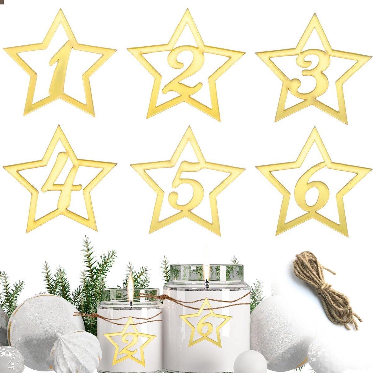 Dailygoods- Adventskrans Decoratie - 6 Stuks Aantal Hangers - Acryl Kaarsen Decoratie - Jute Koord - Spiegelen Effect - Feestelijke Sfeer - Kaarsdecoratie