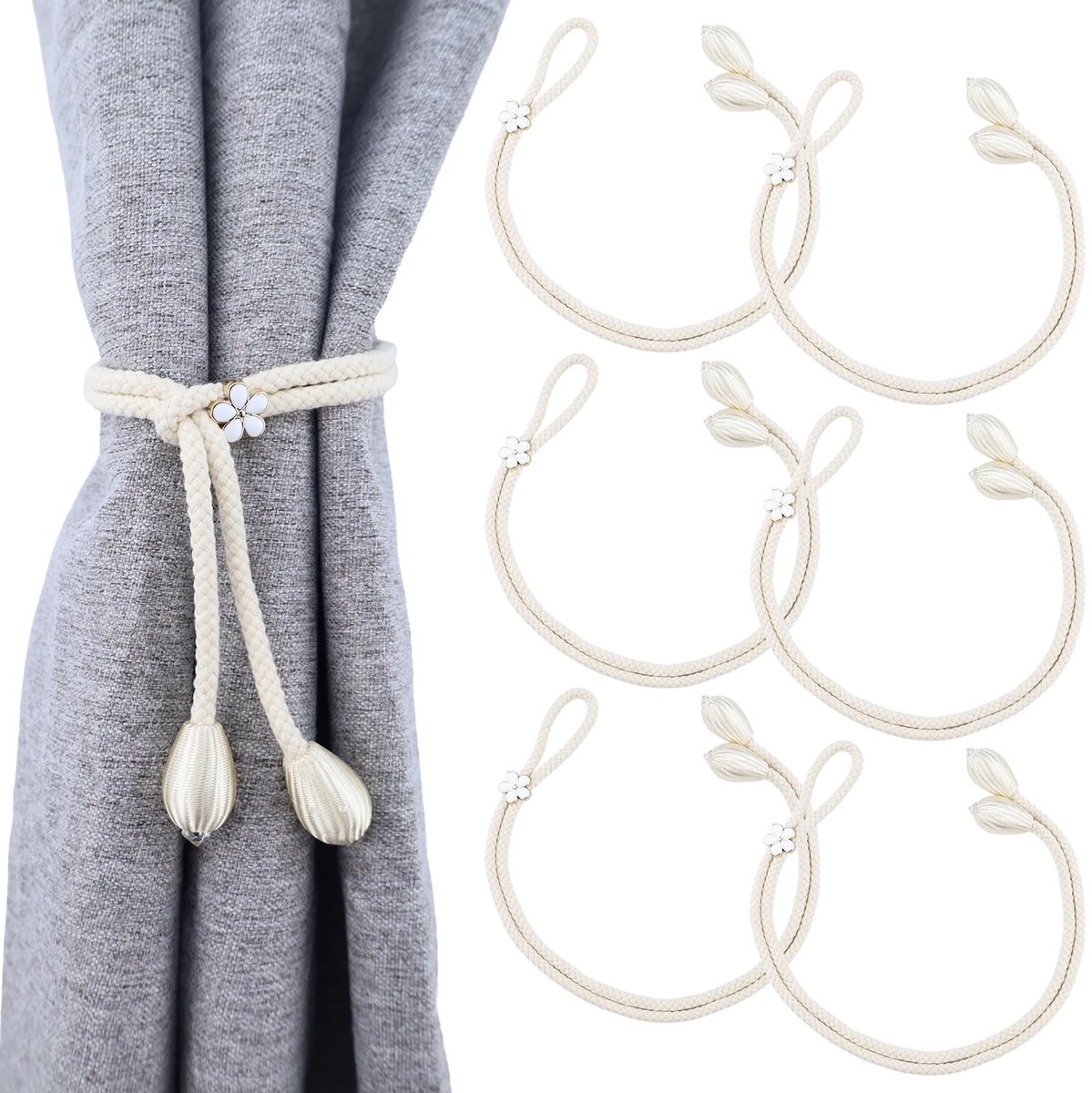 Dailygoods- Gordijnhouder 6 Stuks - Gordijnbanden - Gordijngespen - Handgebreid Katoen - Verstelbare Clips - Duurzaam Jute Koord - Gordijnband
