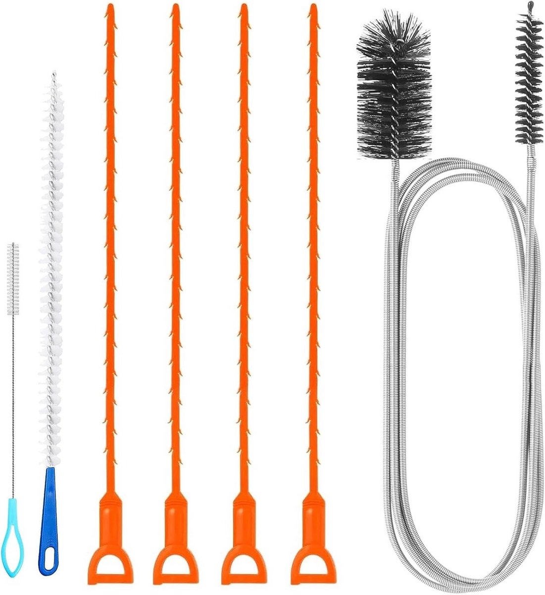 Buisreinigingsborstel Set - Afvoerreiniger Borstels - Afvoer Reinigen - Dubbele Kop Spiraal - 7 Stuks - Oranje Blauw