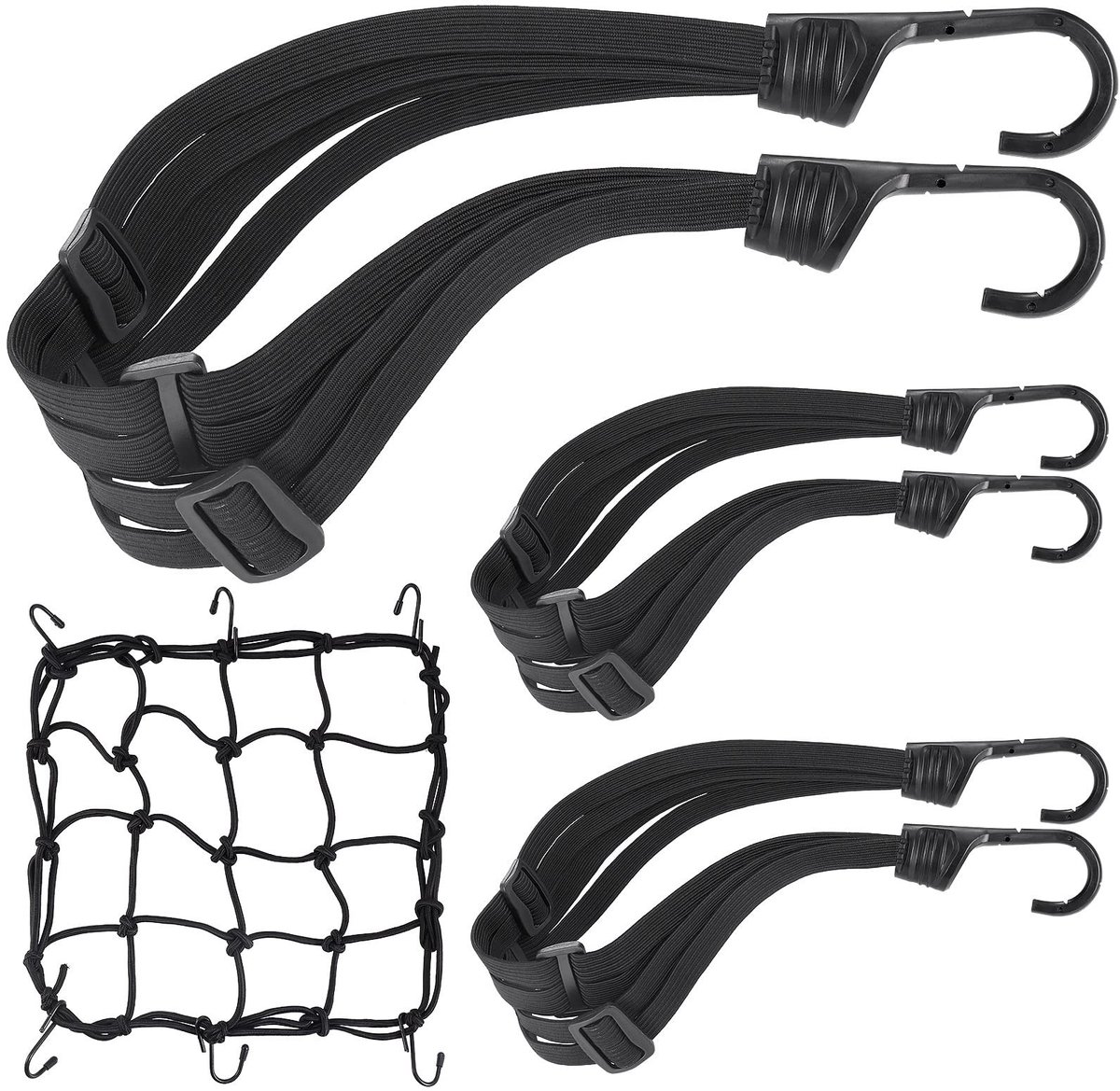 Dailygoods- Bagagespanners 4-in-1 - Bungee Koord met Haken - Automatische Spanbanden - Helmnet 30x30 cm - Verstelbaar - Duurzaam Nylon - Bungeekoord