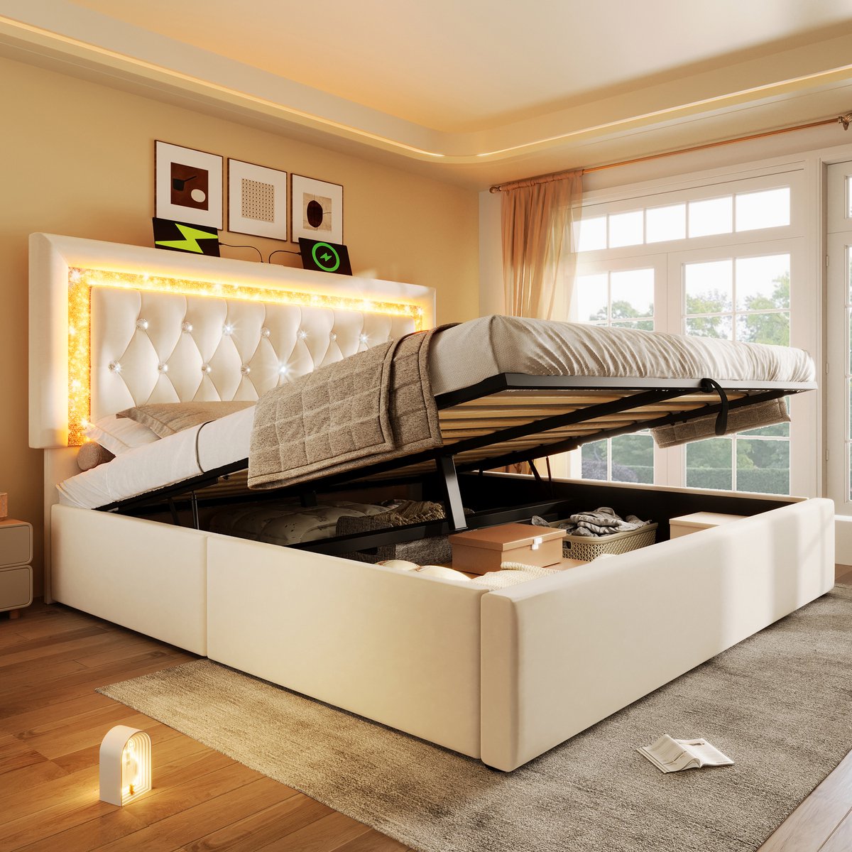 DESMIU Gestoffeerd Bed 160x200 cm – Ledverlichting en Oplaadpunten – Hydraulische Opbergruimte – Voor Tweepersoons Slaapkamer – Fluweel – Beige – Zonder matras