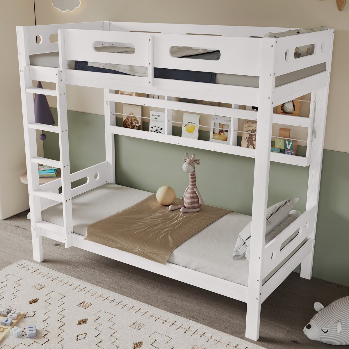 DESMIU Stapelbed 90x200 cm – Kinderbed Met Valbeveiliging & Open Rekken – Vijftrapsladder – Extra Opbergruimte – Hout En MDF – Wit En Naturel – Zonder Matras