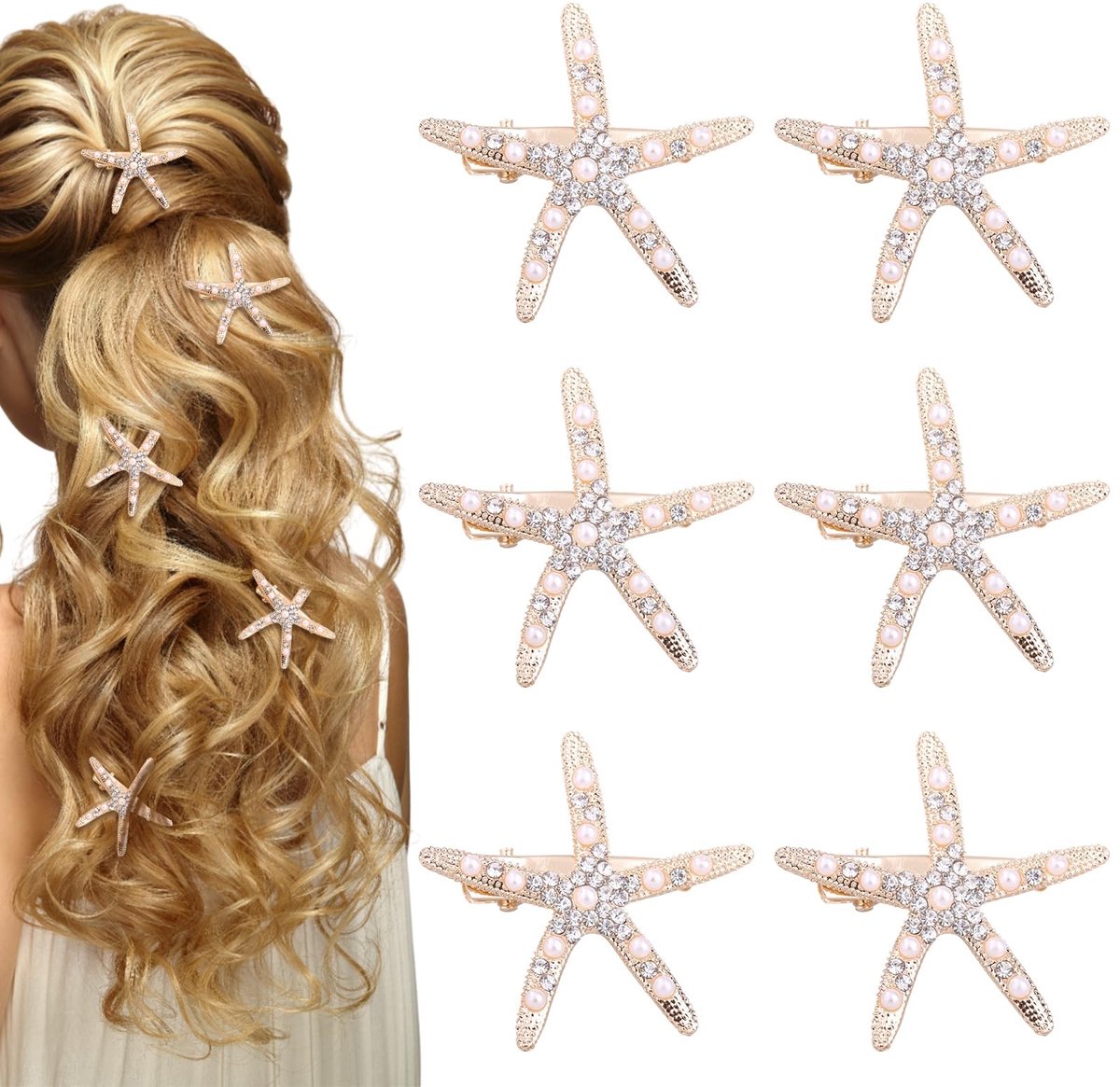 Dailygoods- Haarclips Gouden Parel - Bruids Haarspelden - Strass Haaraccessoire - Zeester Kapsel - 6 Stuks - Duurzaam Materiaal