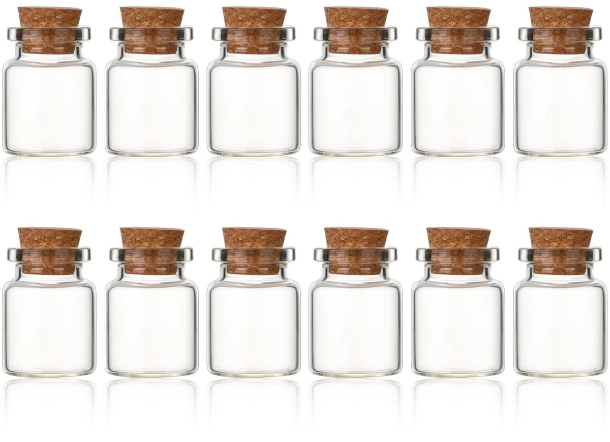 Dailygoods- Glazen Flessen 12 Stuks - Mini Potjes met Kurkdeksel - Herbruikbaar - Decoratie - DIY - Transparant 8 ml