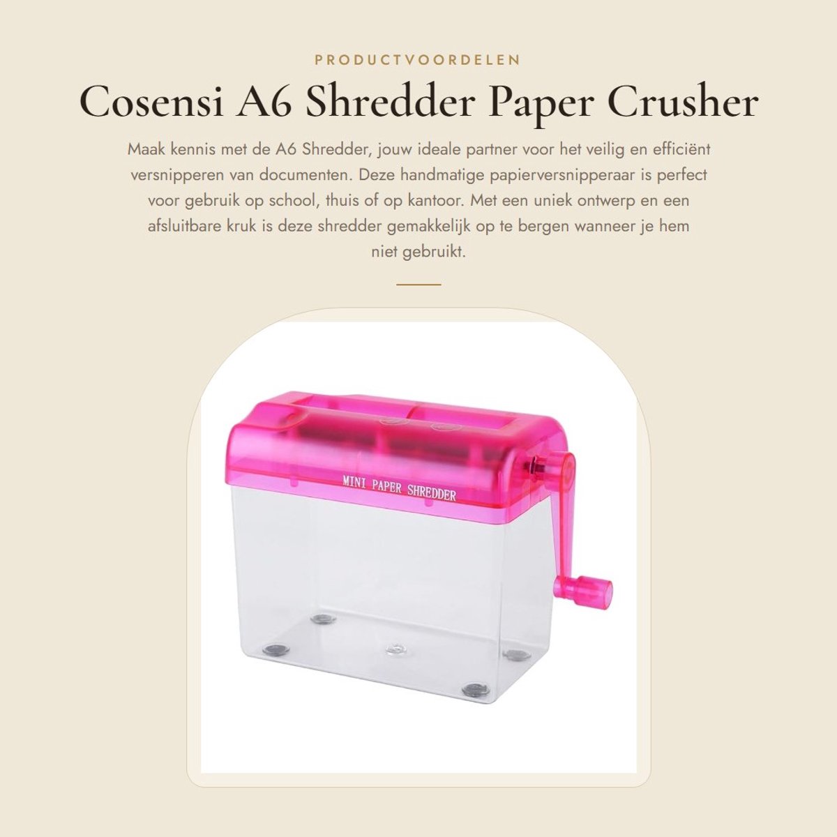 Dailygoods - A6 Shredder - Paper Crusher - Handmatige werking - Roze - Multifunctioneel - Ideaal voor school en kantoor - Compact formaat