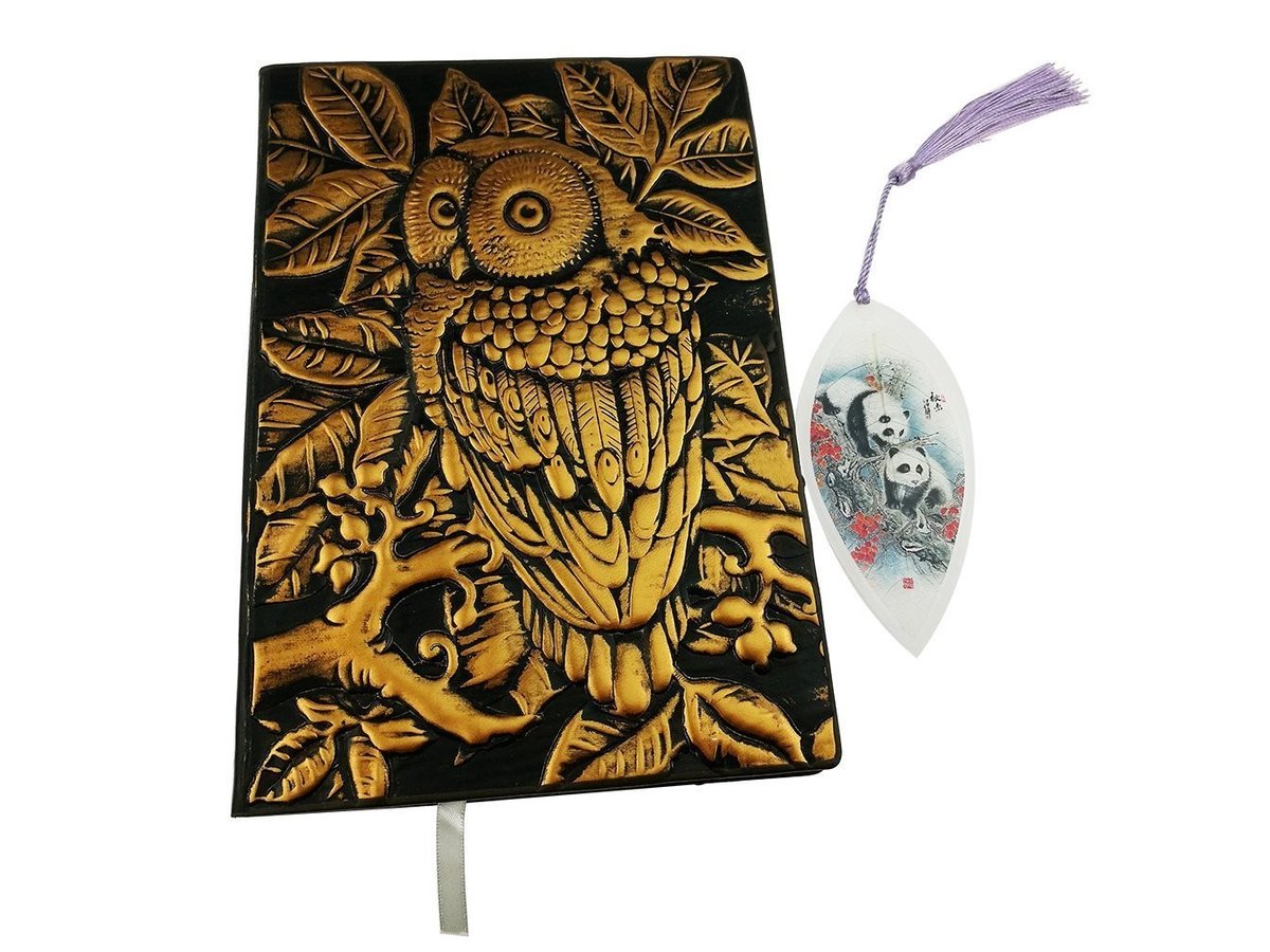 Dailygoods- Notitieboek A5 - 3D Cover Uil Reliëf - PU-lederen Hoes - Handgemaakt - Gelijnde Pagina's - Panda Bladwijzer - Dagboek