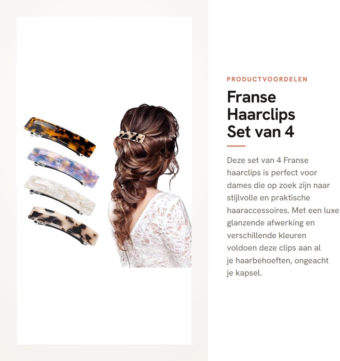 Dailygoods- Haarclips 4 stuks - Rechthoekige Haarclip - Franse Haarspeld - Duurzaam Celluloseacetaat - Antislip Klem - Glanzende Afwerking - Haarspelden