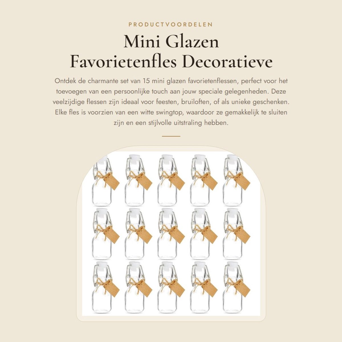 Dailygoods- Glazen Fles - Set van 15 - Decoratieve Flessen met Beugel - 60ml - Jute Touw - 25 Mini Kraft Labels - Hoogwaardige Glas