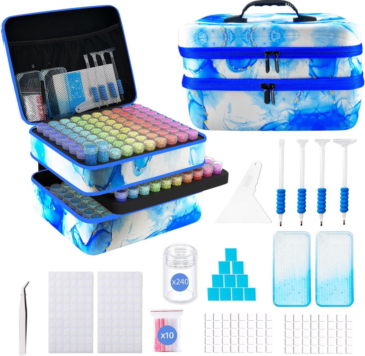 Diamantkunst Opslag - Kralen Organizer - Hobby Materialen - 240 Sleuven - 32 x 28 x 20 cm - Blauw
