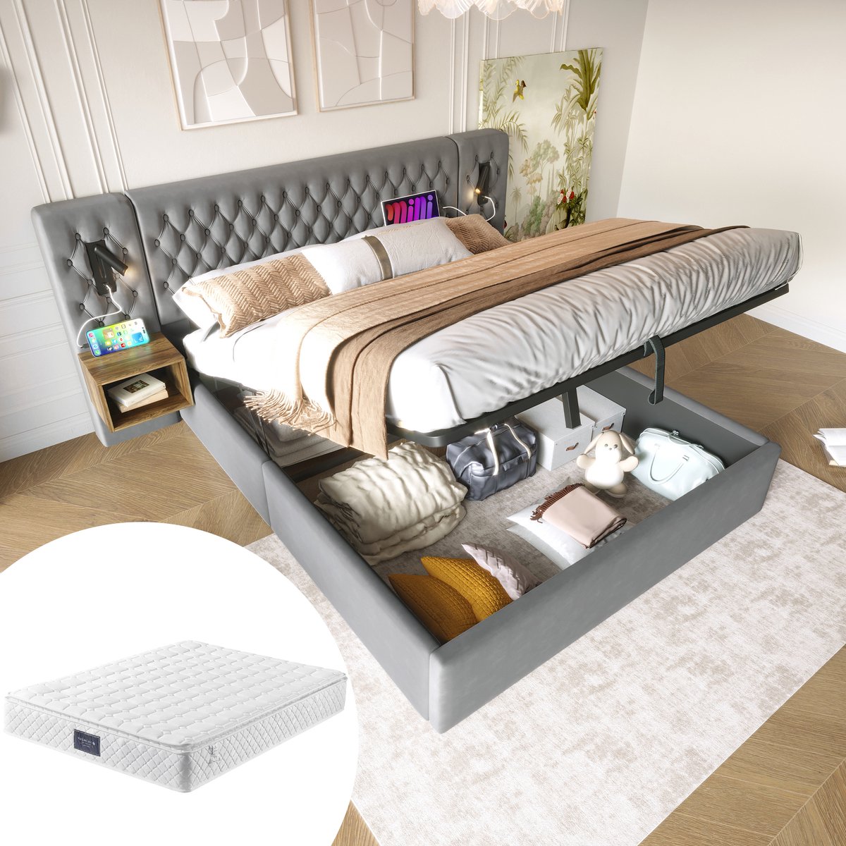 Bedset 160x200 cm - Hydraulische Opbergruimte met 2 Nachtkastjes - USB en Leeslamp - Fluwe