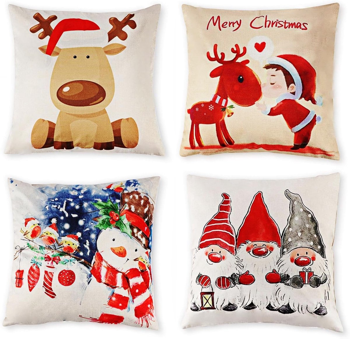 Dailygoods- Kussenhoezen 4 Stuks - Kerstman/Rendier/Dwerg/Sneeuwpop - Katoen/Linnen - 45 x 45 cm - Afneembaar/Wasbaar - Kussenslopen