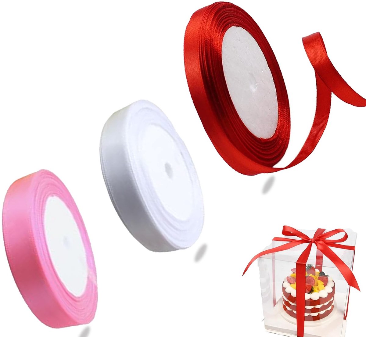 Dailygoods- Cadeaulint Hoogwaardig Satijn - 3 Stuks - Rood/Pink/Wit - 66 Meter Totaal - 1 cm Breed - Perfect voor Geschenken - Geschenkband