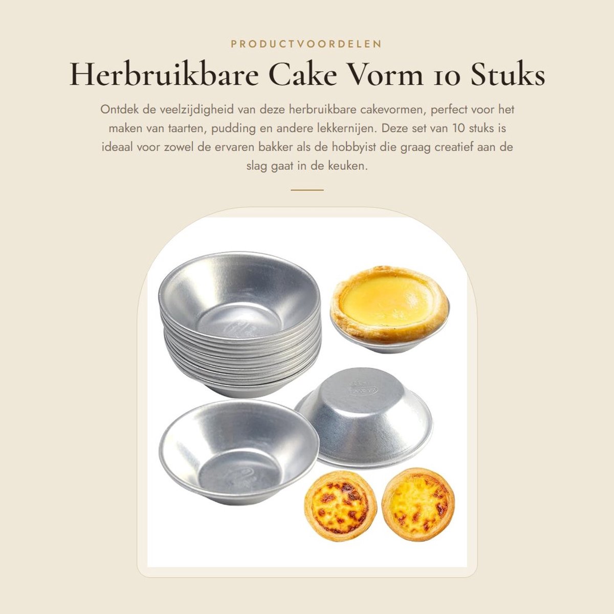Dailygoods- Ei Tart Mal 10 Stuks - Herbruikbare Bakvorm - Nonstick Cake Vorm - Aluminiumlegering - 72x22MM - Hittebestendig