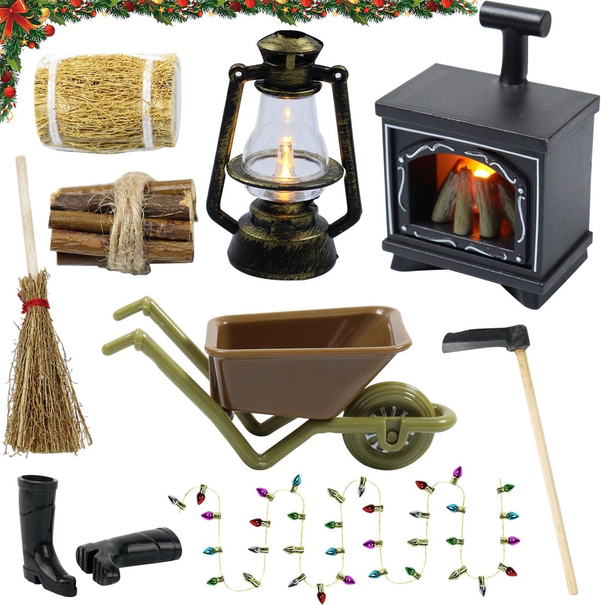 Dailygoods- Kabouter Accessoires Kerstmis - Miniatuur Kabouter Accessoires - Lichtgevende Haard - Petroleumlamp - Hooiberg - DIY Cadeau voor Kinderen - Miniatuur Decoratie