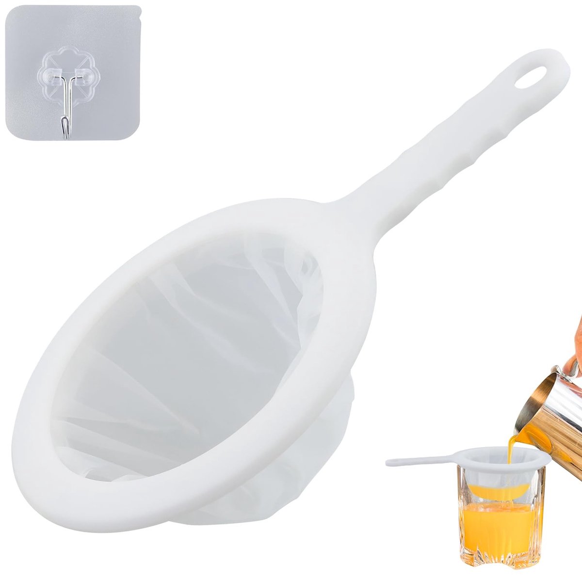 Dailygoods- Fijnzeef 200 Mesh - Keukenzeef - Fijnmazig Filter - Zelfklevende Haak - Hoogwaardig PP/Nylon - Totale Lengte 24 cm - Zeef