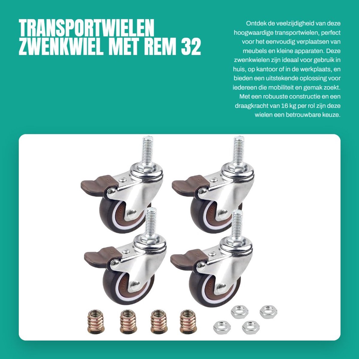 Dailygoods- Zwenkwiel Set van 4 - Zwenkwiel met Rem - Draagkracht 16 kg per Rol - Wieldiameter 32 mm - TPE-Rubber - Verchroomd Plaatstaal - Meubelwiel
