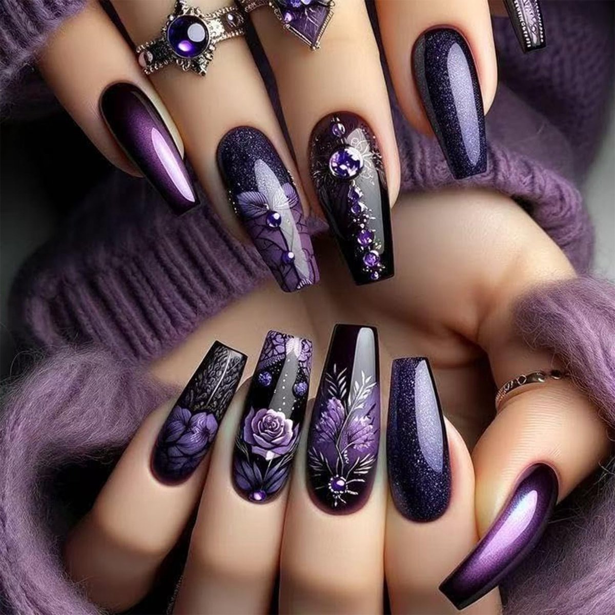 Dailygoods- Kunstnagels 24 Stuks - Plaknagels - Paarse Rozen - Eenvoudige Toepassing - Gelee Lijm - Stijlvolle Uitstraling - Nagels