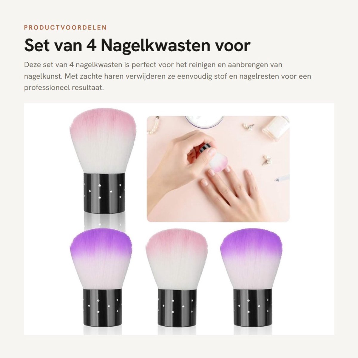 Dailygoods- Nagelkwast Set - 4 Stuks - Stofreiniger - Multifunctionele Kwast - Zachte Borstel - Voor Nagelkunst en Make-up - Make-upkwasten