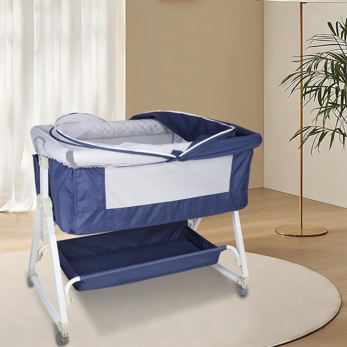 Baby bijzetbed - Aanschuifwieg reisbed - Veilig slapen - 6-voudig hoogte verstelbaar - 92x52 cm - Marineblauw