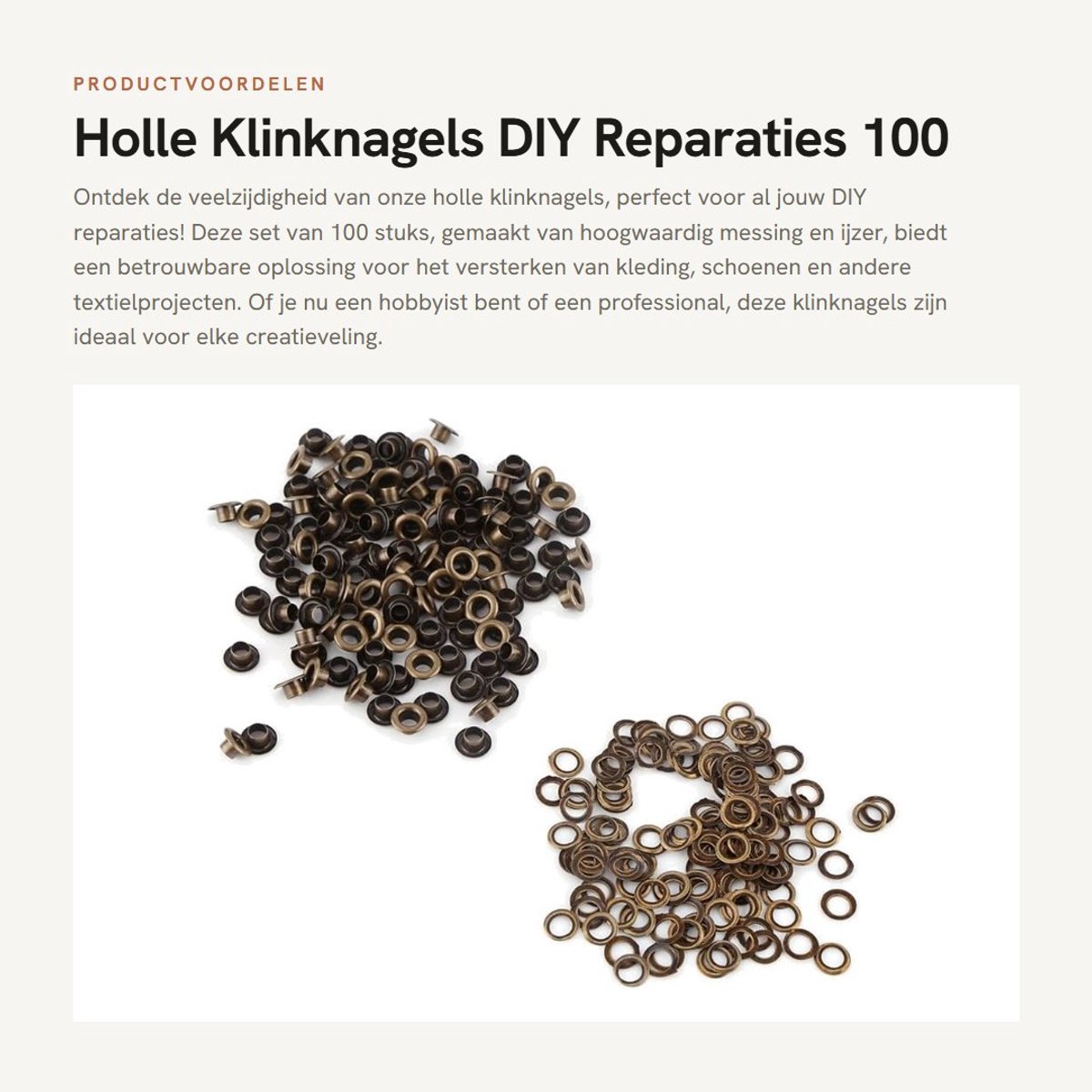 Dailygoods- Klinknagels 100 Stuks - Holle Klinknagels - Messing/Ijzer - DIY Reparaties - Oogjes voor Textiel - Geschikt voor Schoenen/Riemen - Ogen