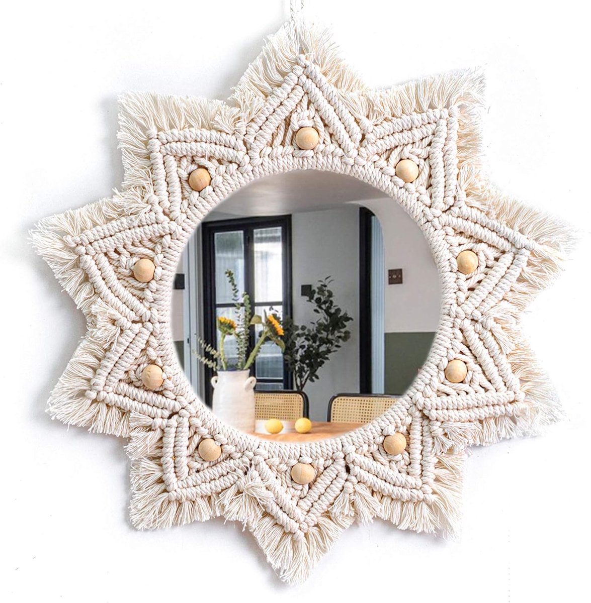 Macrame Spiegel - Boho Decoratie - Muur Decoreren - Handgeweven Uniek - 44.5cm Diameter - Natuurlijk