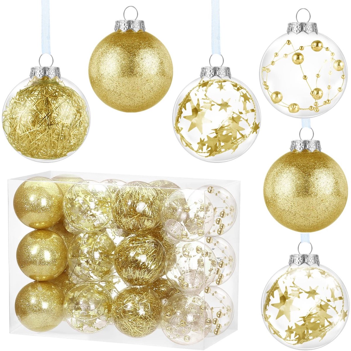 Dailygoods- Kerstballen Goud - 24 Stuks - Glitter - Kunststof - Druppelbestendig - Waterdicht - Opbergdoos - Kerstdecoratie