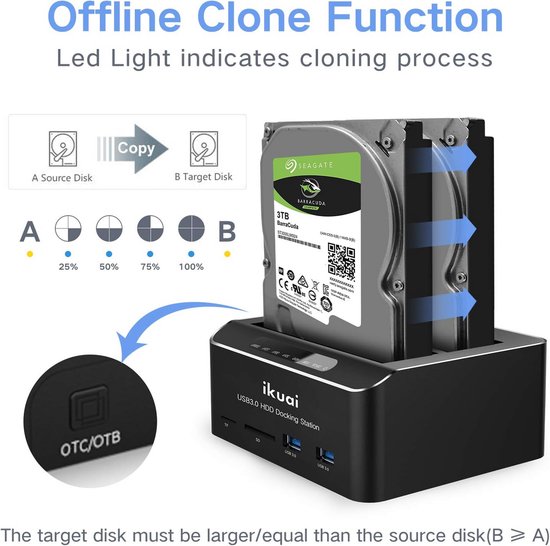 Hard Drive Dock - Externe Schijf Station - Data Klone - Offline Kloonfunctie - Tot 20 TB - Zwart — afbeelding 5