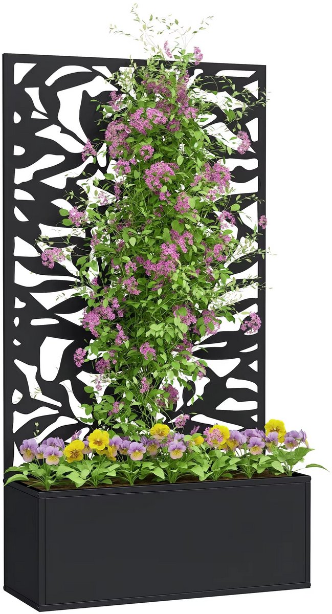 JOYNEXTBUY - Metalen Plantenbak met Privacyscherm – Grote Buiten Plantenbak – Vrijstaand of Wandmontage – Decoratief Bladpatroon – 61 x 23 x 113 cm – Zwart