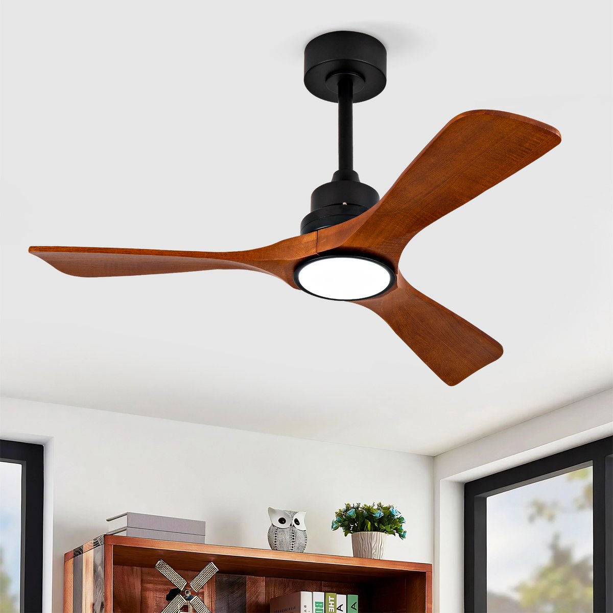 Gutent - Nieuwe stille plafondventilator met licht - 107cm - 3 massief houten bladen - DC motor - Dubbele bediening - Met geheugen
