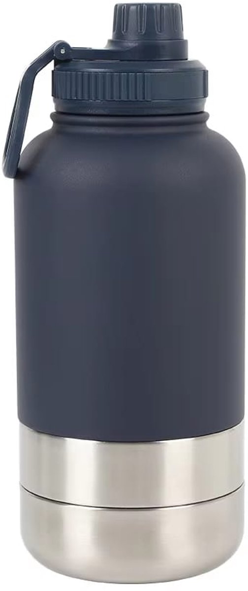 Honden drinkfles met voerbakken - Waterfles hond - Dubbelwandig - Thermosfles - Hondendrinkbak - Multifunctioneel - Hondenvoerbak - RVS Fles - Lekbestendige dop - BPA vrij - 1 Liter - Met handvat - Perfect voor onderweg