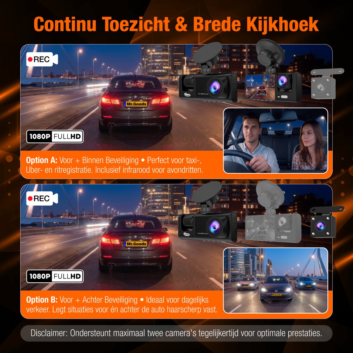 MrGoods Dashcam Auto - Triple Lens Dashcam Voor Achter Binnen Camera - Wifi - 1080P Full HD - Nachtzicht - G-Sensor - Parkeermodus - Looprecording – foto 4