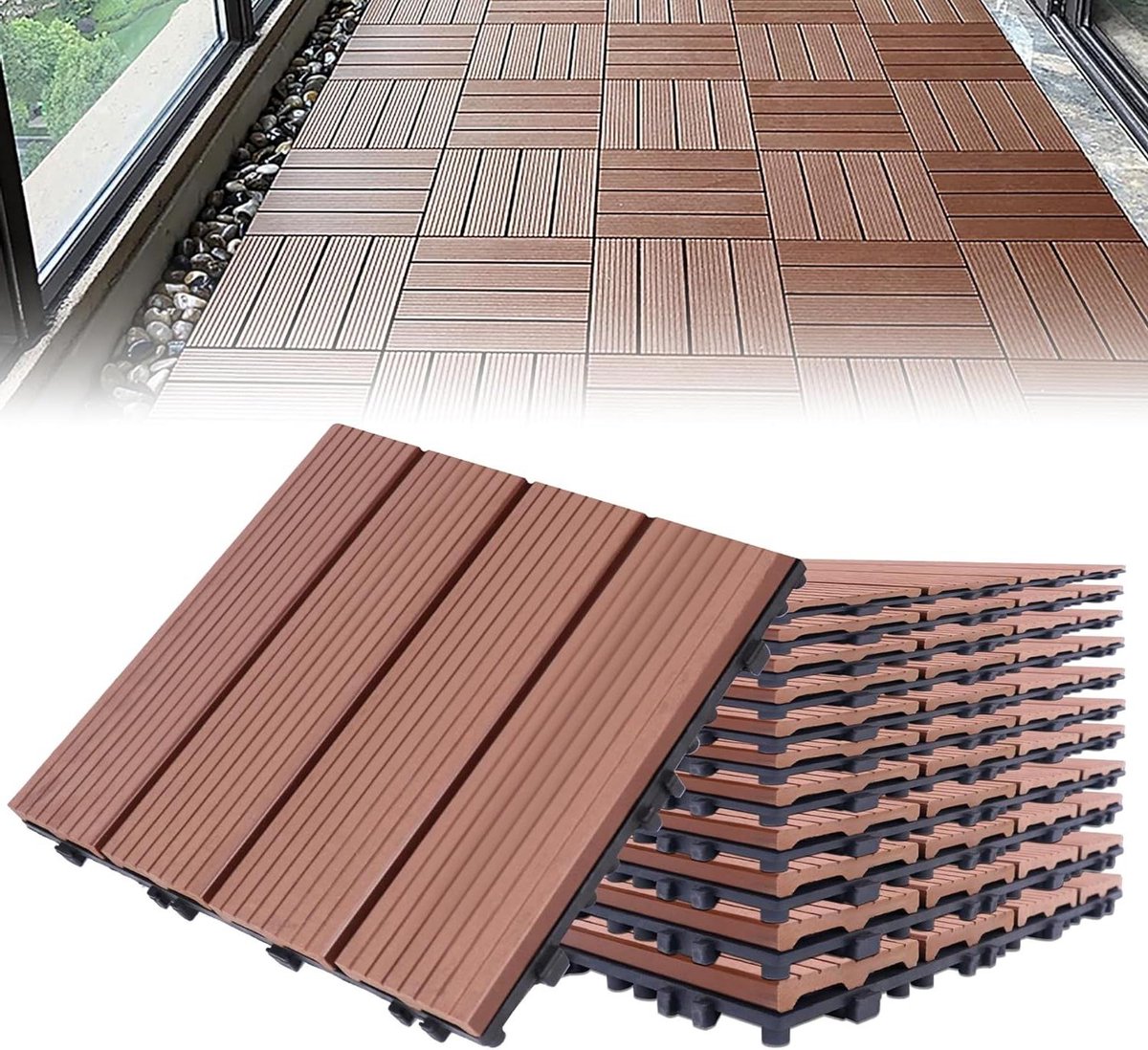 Houten Composiet Tegels - Terrastegels Balkon - Buiten Leven - Eenvoudig Kliksysteem - 22 Stuks - Bruin