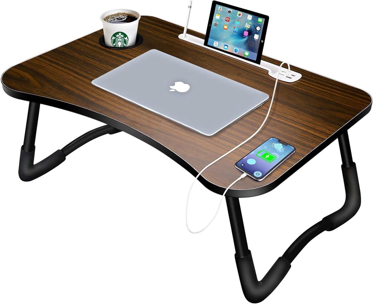 Laptop Tafel - Bedtafel Inklapbaar - Werk en Studie - Met 4 USB Poorten - 60x40cm - Bruin