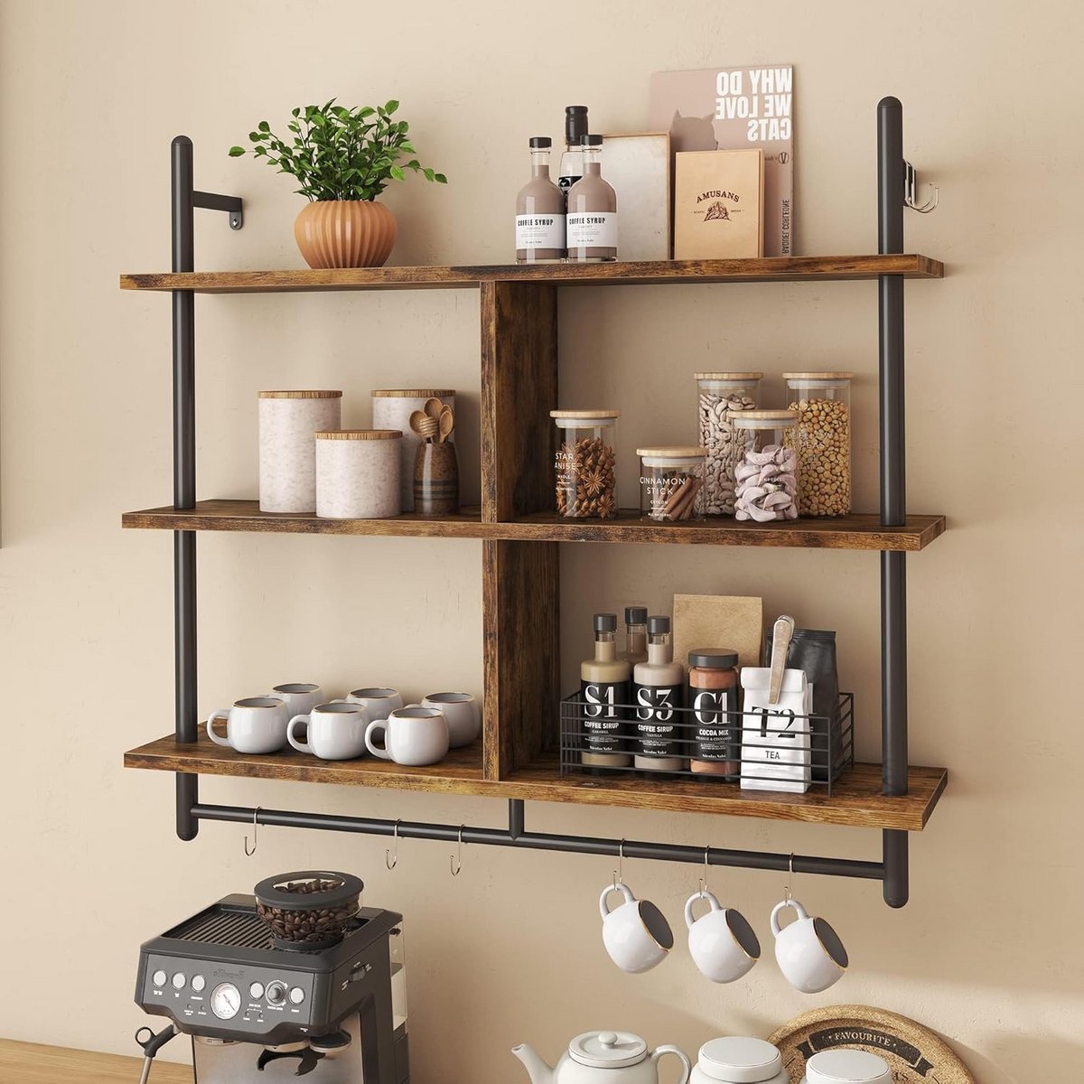 Zwevend Rek - Wandrek Ladder - Decoratie Opslag - Drie Niveaus - 115 cm - Houtkleur
