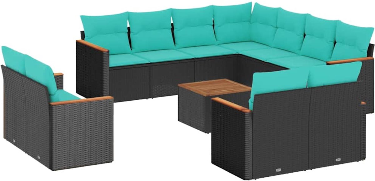 vidaXL - 12-delige - tuinbankset - met - kussens - van - zwart - polyrotan