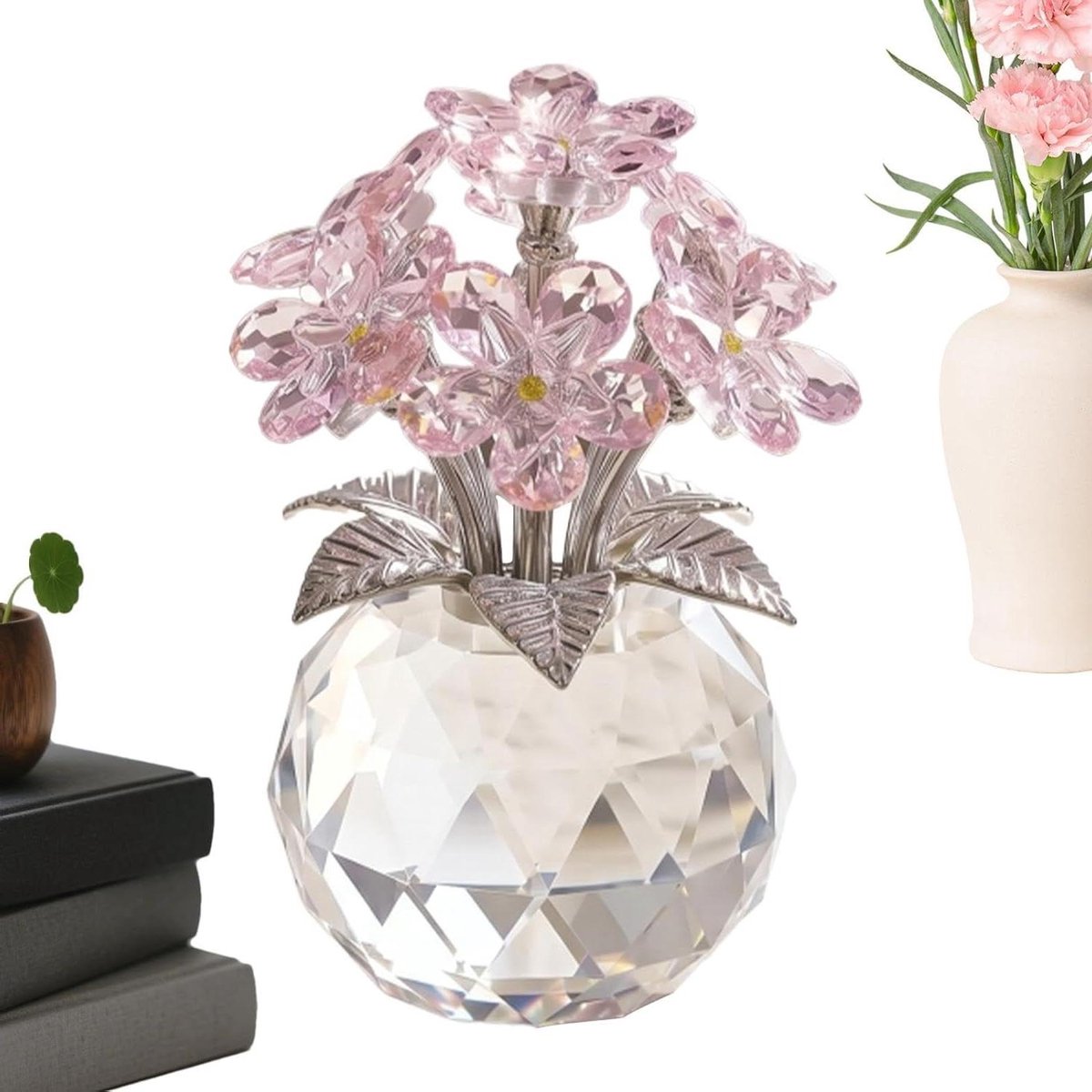 Bloemen Boeket Beeldhouwwerk - Eeuwigdurend Ornament - Woonruimte Verfraaien - Kristallen Bloemontwerp - 11x7 cm - Roze