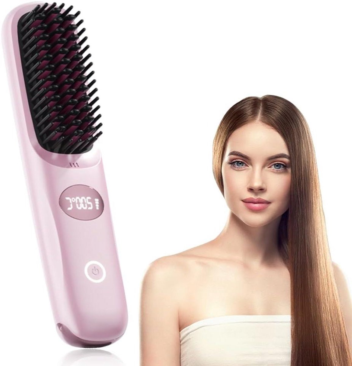Draadloze Stijltang Borstel - Draagbare Stijler - Haar Stylen - LED Display - 20 x 4.5 x 4 cm - Roze