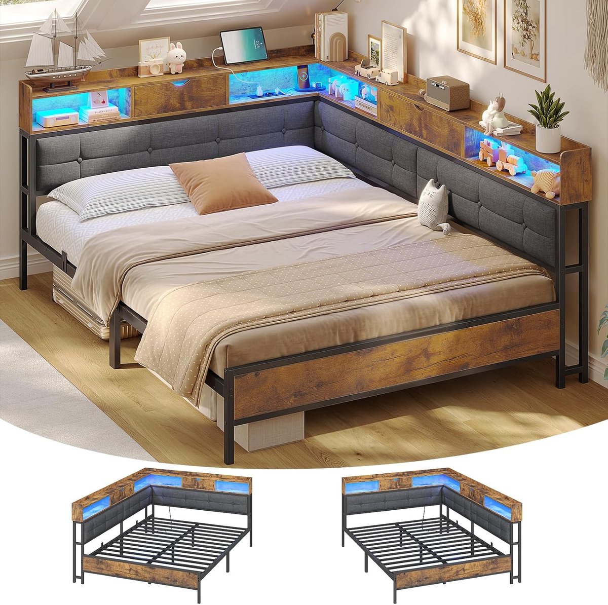 LunaLounge Smart Opbergbed 140x200 cm met LED Verlichting, USB & Stopcontacten, 6 Opbergvakken en Metalen Lattenbodem – Grijs – Mobili Bella