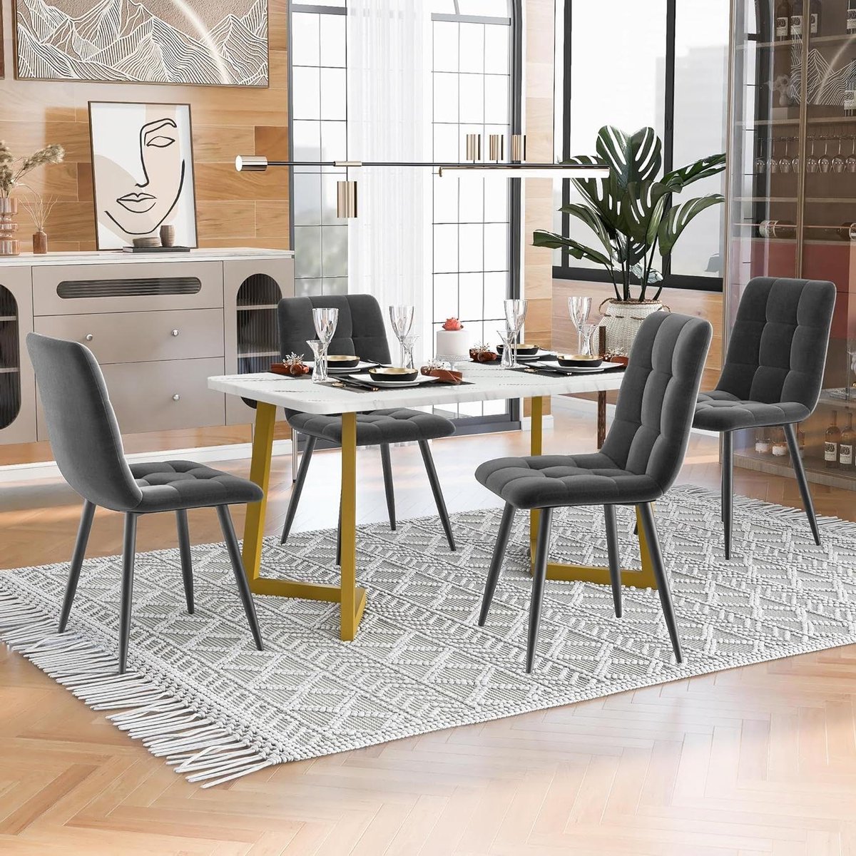 Eetkamer Set - Tafel met stoelen - Samen eten - Marmerlook tafelblad - 117 cm - Donkergrij