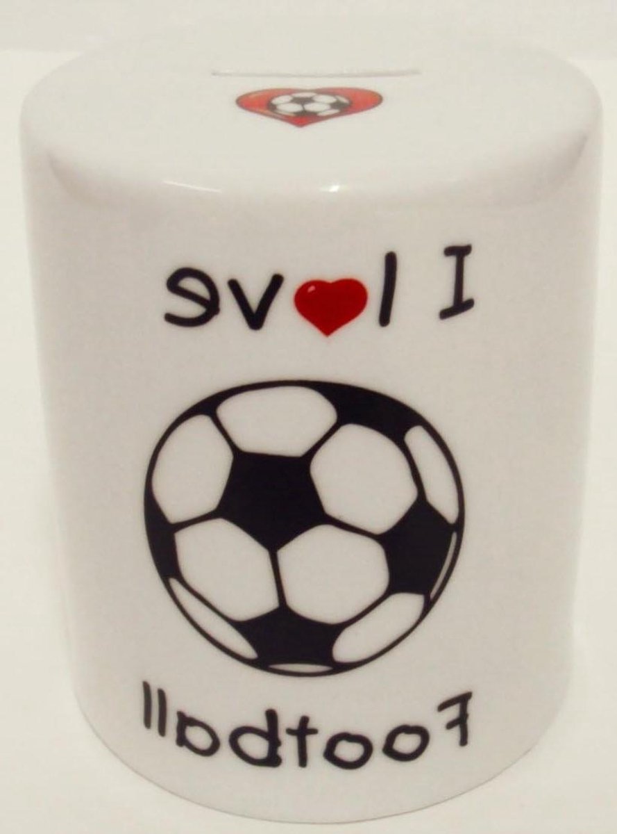 Voetbal Geld Doos - Spaarpot Keramiek - Geld Besparen - Hand Versierd - 9.5 cm x 8 cm - Wit