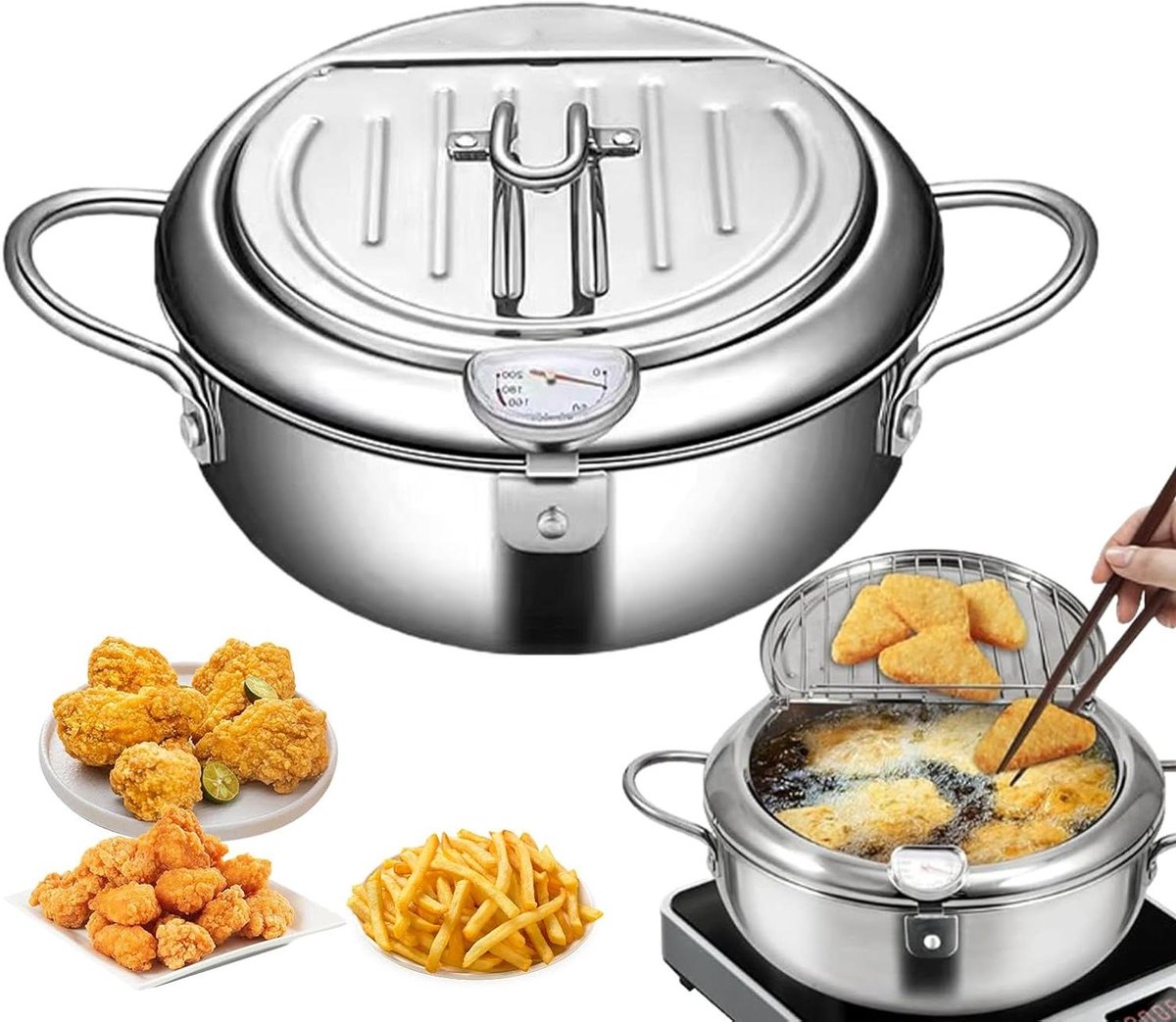 Oliepan om te frituren, roestvrijstalen friteuse, roestvrijstalen braadpan met thermometer, roestvrijstalen soeppot, grote friteuse voor het koken van knapperige en heerlijke frietjes
