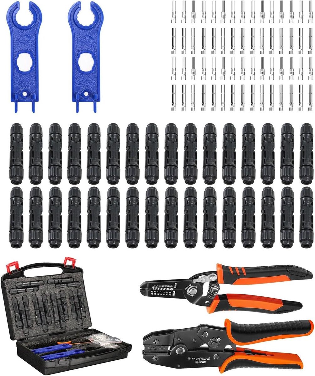 35 STKS Solar Crimper Tool Kit, Zonnepaneel Kabel MC4 Connectoren 14-10AWG, 30 paar mannelijke/vrouwelijke zonne-connectoren, 1 STKS Solar Crimper, 1 STKS Stripper, 2 STKS Spanner Wrench