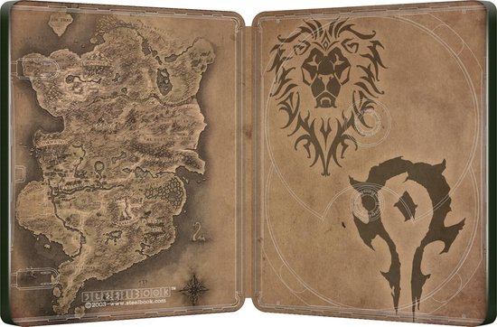 Open steelbook met een kaart van Azeroth en de symbolen van de Horde en de Alliantie.